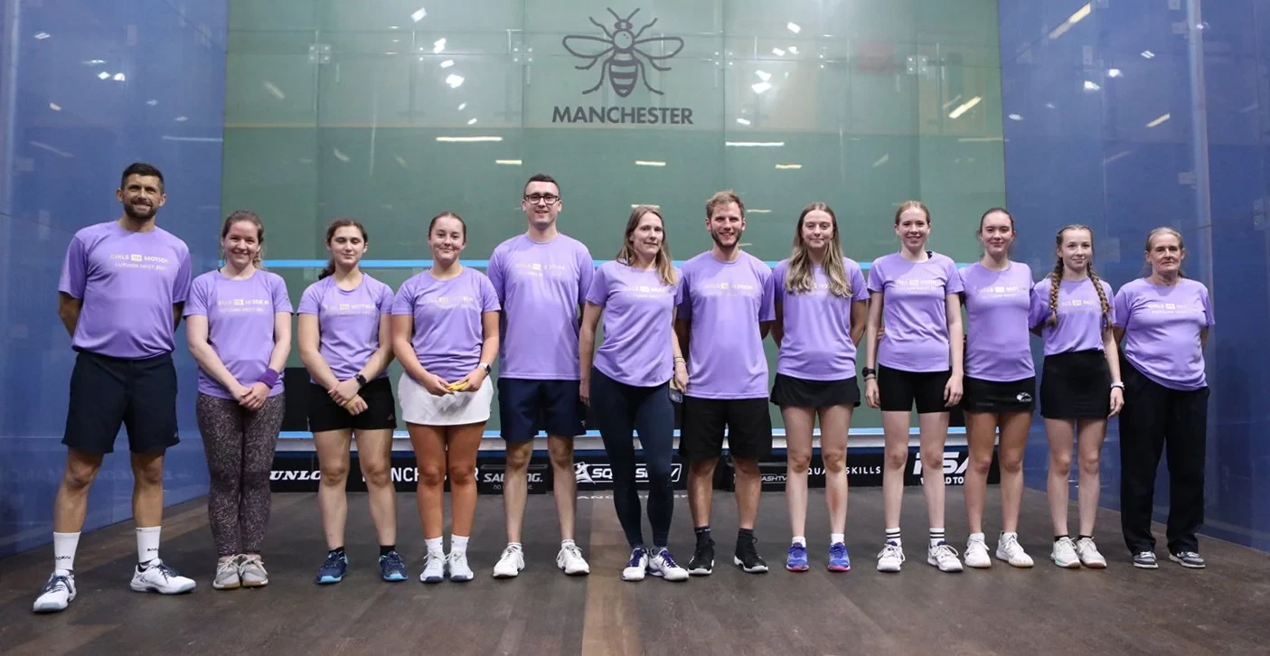 The Girls In Motion team of female coaches and volunteers at the National Squash Centre, Manchester
