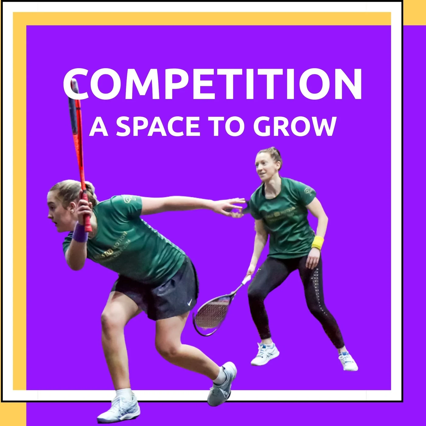 Competition – a space to grow. Two female squash players in a competitive match.